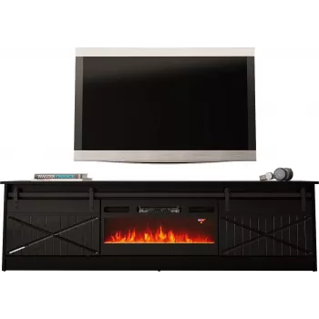 TV staliukas su židiniu Cama Meble GRANERO modelis — 200 x 56,7 x 35 cm, juoda/juoda blizgi, 2 durys, 2 lentynos, stumdomos durys, MDF/medžio drožlių plokštė