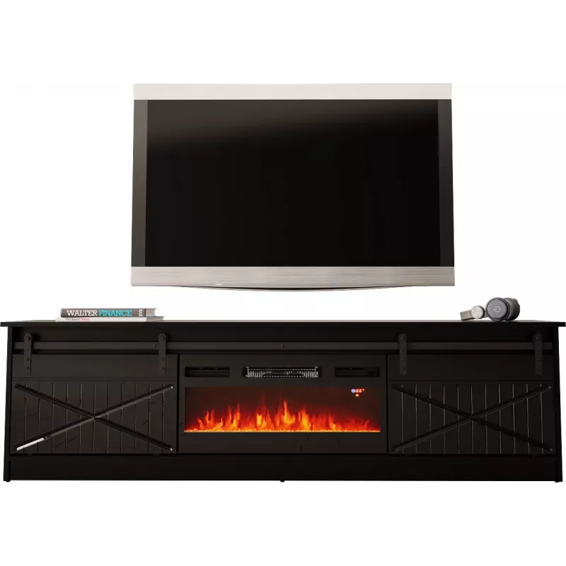 TV staliukas su židiniu Cama Meble GRANERO modelis — 200 x 56,7 x 35 cm, juoda/juoda blizgi, 2 durys, 2 lentynos, stumdomos durys, MDF/medžio drožlių plokštė