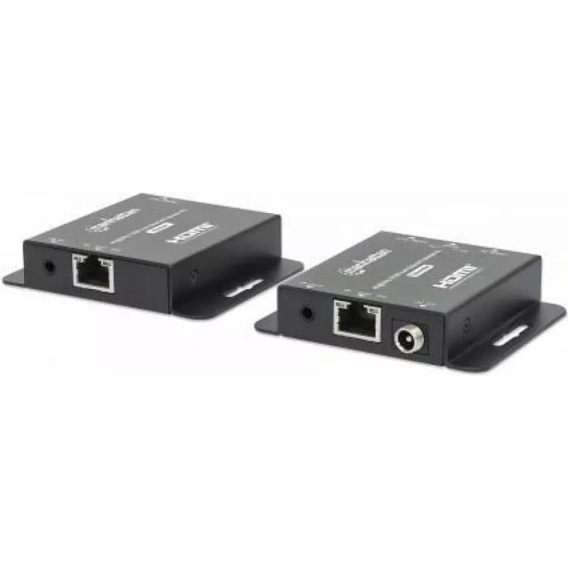 Manhattan 4K HDMI plėtiklio rinkinys Ethernet tinklu, prailgina 4K@30Hz signalą iki 40 m arba 1080p@60Hz signalą iki 70 m vienu Cat6 Ethernet kabeliu, siųstuvas ir imtuvas, maitinimas per kabelį (PoC), juodas, trejų metų garantija