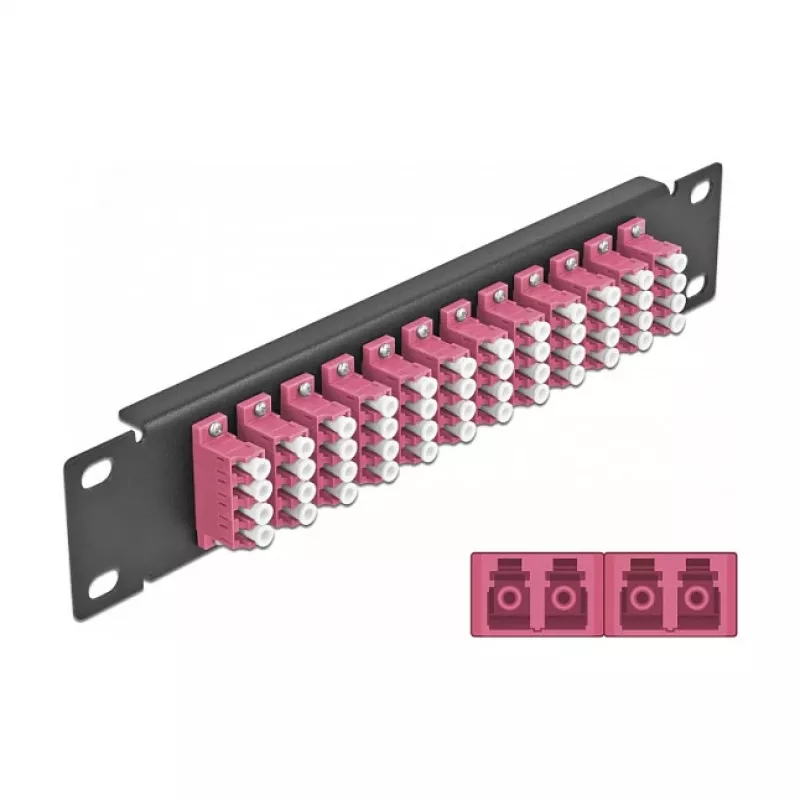 Skaidulinis optinis pataisymo skydelis DeLOCK 10 colių 12 prievadų LC Quad violetinis 1U juodas
