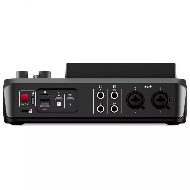 Studijos valdiklis RØDE Caster Duo Juoda — 2 kombinuoti XLR/TRS, 2 TRS linijiniai išėjimai, 48 kHz, 24 bitų, jutiklinis ekranas, Wi‑Fi, Bluetooth