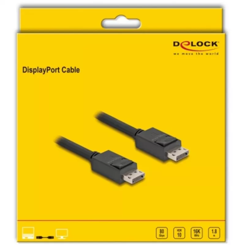 Delock - DisplayPort kabelis - DisplayPort (M) su fiksatoriumi į DisplayPort (M) su fiksatoriumi - DisplayPort 2.1 - 1,8 m - Palaiko 16K 60 Hz (15 360 x 8640), iki 80 Gbps duomenų perdavimo