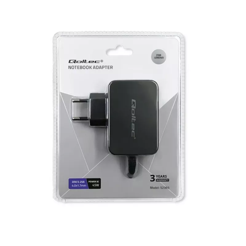 Maitinimo adapteris QOLTEC 45W 20V 2.25A nešiojamiesiems prietaisams, modelis 52393