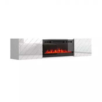 TV spintelė cama meble LUXE 1826×345×375 mm balta blizgi su įmontuotu juodu elektriniu židiniu (1400–1600 W)