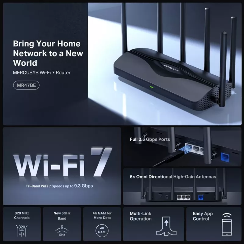 Stalinis maršrutizatorius MERCUSYS MR47BE — Trijų juostų „Wi‑Fi 7“ (2,4/5/6 GHz), 9300 Mbps, 3× RJ‑45, 2,5 GbE, 6 išorinės antenos