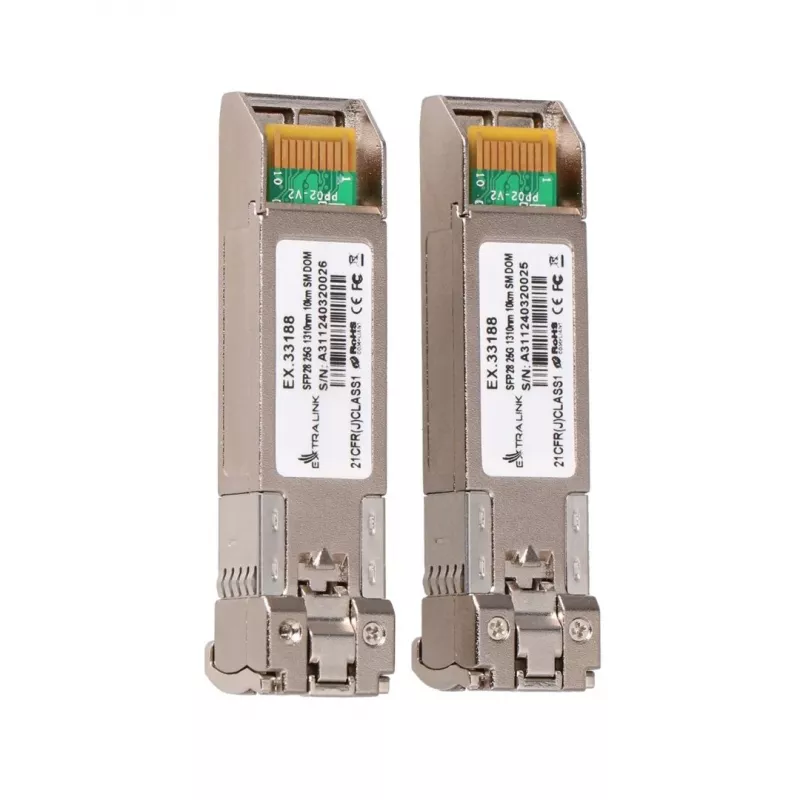 Extralink SFP28 25G 2 pakuotėje | SFP28 modulis | 25 Gbps, LC/UPC dvipusis, 1310 nm, 10 km, vienmodis, DOM tinklo siųstuvas-imtuvas modulis