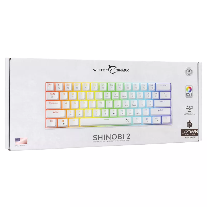 Mechaninė klaviatūra White Shark Shinobi-2 Brown Switch US išdėstymas — kompaktiškas dizainas, Brown jungikliai