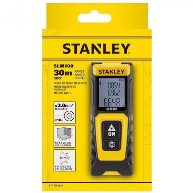Atstumo matuoklis STANLEY SLM100 — lazerinis nuotolis 30 m, kompaktiškas rankinis matavimo prietaisas