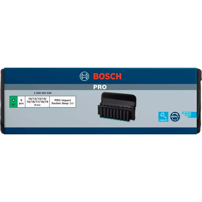 Socket set Bosch PRO 1/2 inch 9-piece, deep Juoda sockets