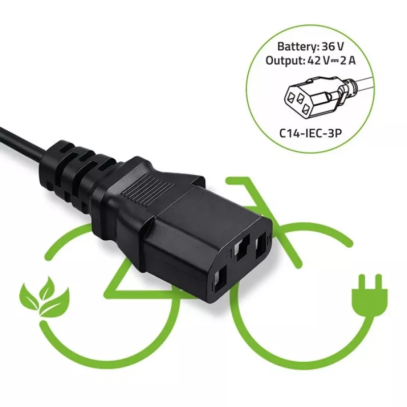 Įkroviklis QOLTEC 36V–42V 2A su C14 IEC 3 kontaktų jungtimi, skirtas elektrinių dviračių baterijoms