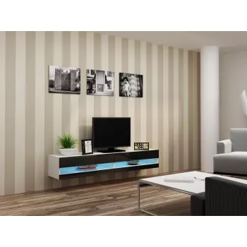 TV staliukas Cama Meble VIGO NEW 30/180/40, baltas viršus, juodas blizgus rėmas, 1800×400×300 mm