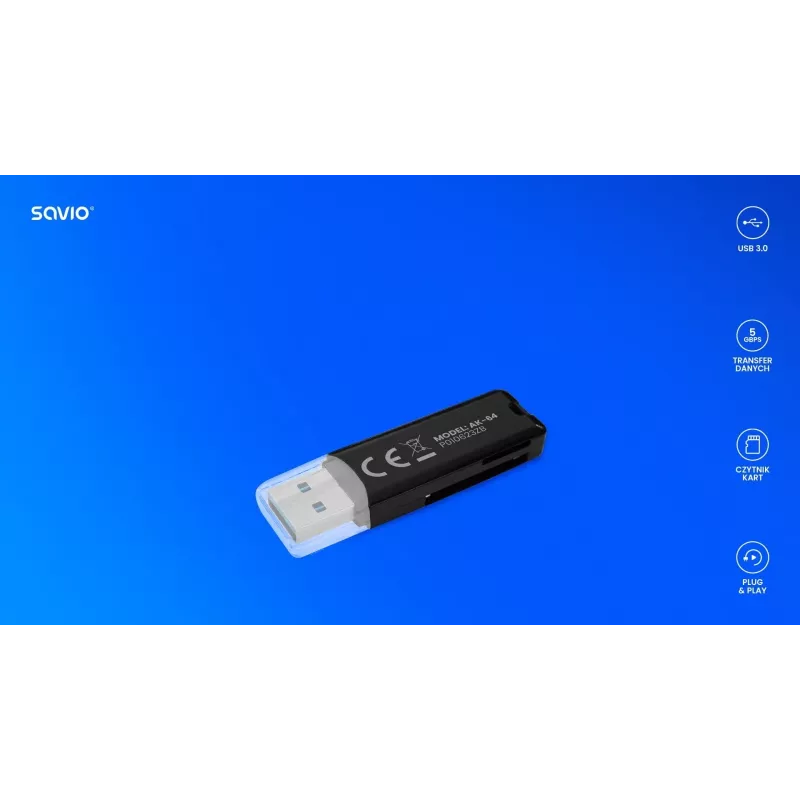 Kortelių skaitytuvas SAVIO AK-64 USB 3.2 Gen 1 Type-A išvestis, MicroSD lizdas, 5000 Mbit/s, juoda