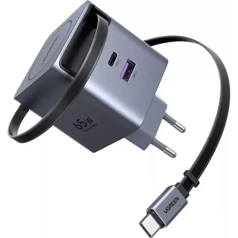 UGREEN X615 65W GaN greitasis įkroviklis su 1x USB-C, 1x USB-A ir integruotu susukamu kabeliu (modelis 65825)