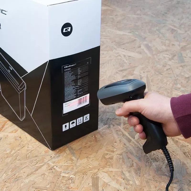 Rankinis brūkšninių kodų skaitytuvas QOLTEC 50863 — 1D/2D skaitytuvas, USB laidinis, LED jutiklis, juodas, 5 V, 1,8 m laidas