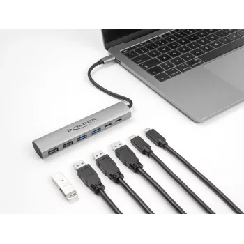 DeLOCK 64232 Nešiojamojo kompiuterio dokas Laidinis USB 3.2 Gen 1 Type-A Type-C Pilka