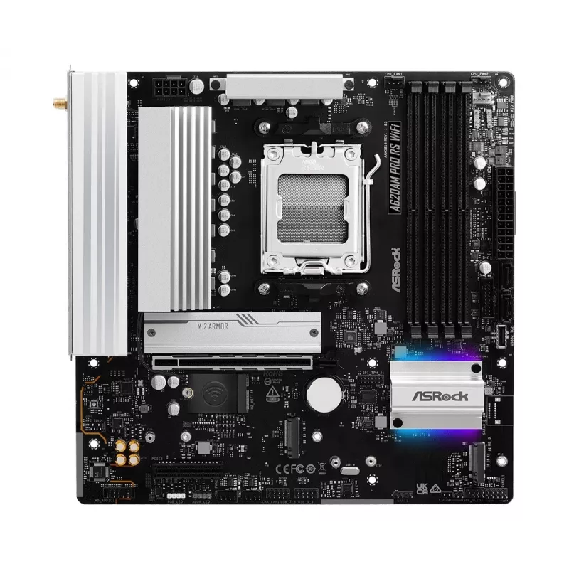 Pagrindinė plokštė ASROCK A620AM PRO RS WIFI AM5 microATX, AMD A620, 4×DDR5, Wi‑Fi, HDMI, DP, 3×M.2, 2×SATA, 7.1 garsas, 1Gb LAN