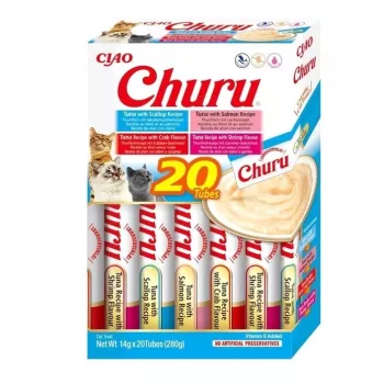 Šlapias kačių skanėstas INABA Churu 20 x 14 g — tuno ir jūros gėrybių skonio putėsių tūbelės