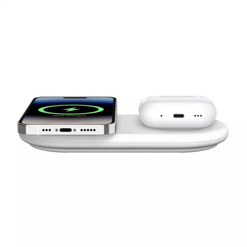 Belkin WIZ021VFWH – 2-in-1 belaidis įkrovimo kilimėlis su Qi2 technologija 15 W, baltas