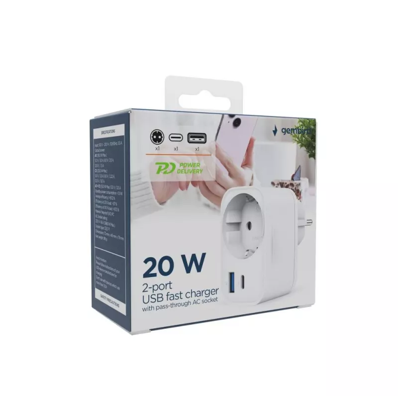 UNIVERSALUS USB ĮKROVIKLIS 20W BALTAS/2P AC TA-ACPDQC20-01-W GEMBIRD
