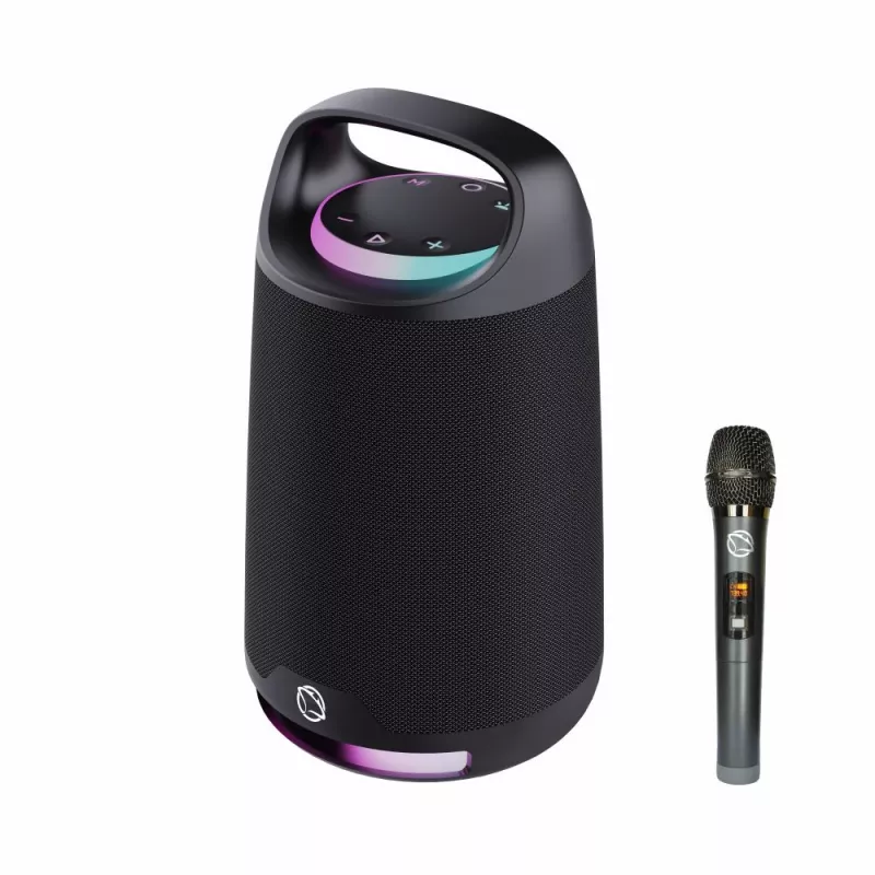 Nešiojamas garsiakalbis MANTA SPK330B Otus — Bluetooth, Karaoke, TWS, SUPERBASS, MIC, USB-C (19×19×33,2 cm)