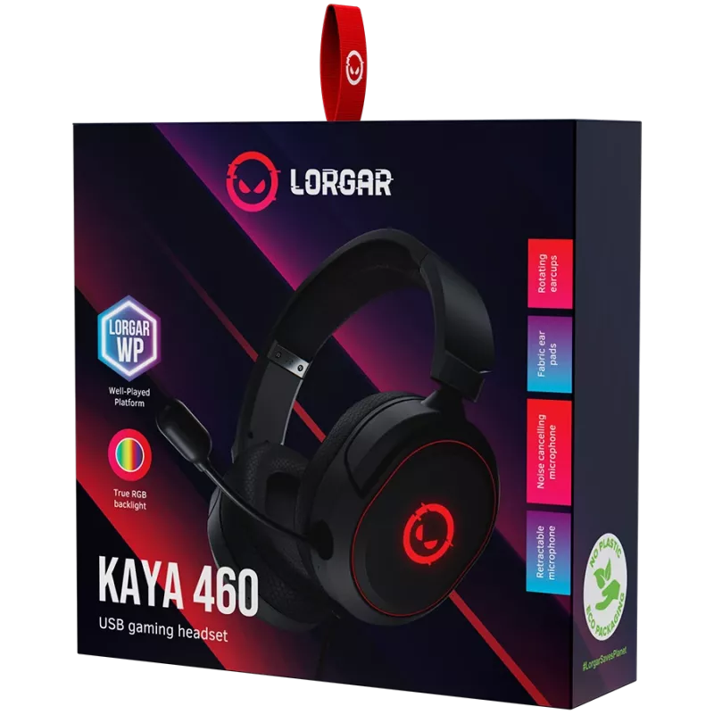 LORGAR Kaya 460, USB žaidimų ausinės su mikrofonu, CM108B, RGB apšvietimas, Plug&Play, USB-A jungties kabelis 2m, audinio ausų pagalvėlės, dydis: 192*184,7*88mm, 0,329kg, juodos