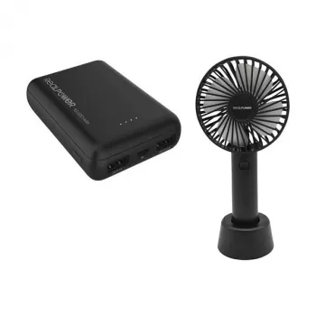 Nešiojamas ventiliatorius ir išorinė baterija RealPower PB-10000 mini HD 10000mAh — mobilus rinkinys