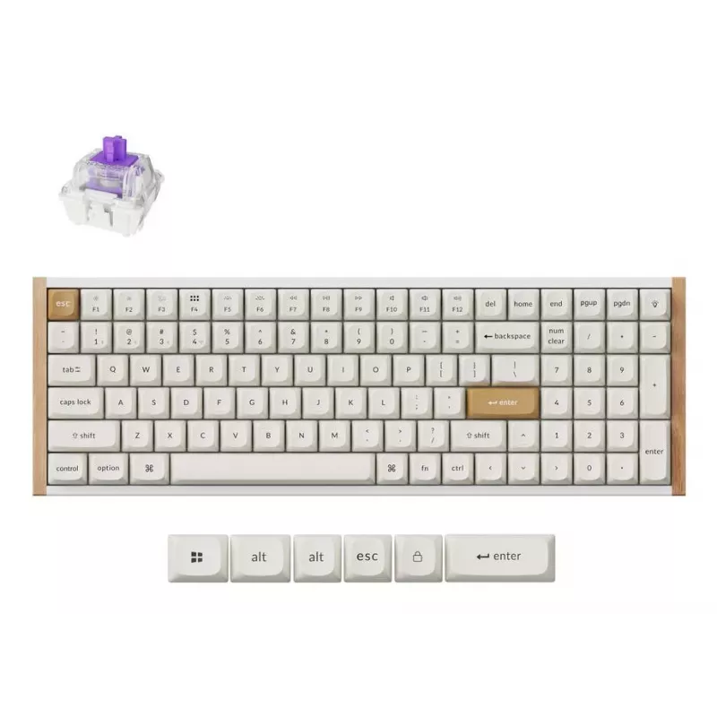 Mechaninė klaviatūra Keychron K4 HE 96% QWERTY — USB, RF belaidė ir Bluetooth, 100 klavišų, RGB, balta/medžio