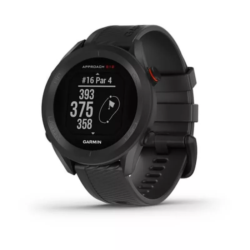 GPS golfo laikrodis GARMIN Approach S12, juodas, 43 mm korpusas, silikoninis dirželis, 30 val. GPS baterijos veikimo laikas