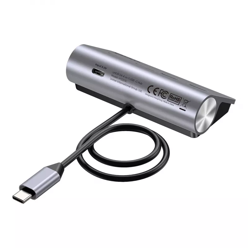 USB šakotuvas Unitek H1337AGY01 — 4 prievadų (2×USB-C, 2×USB-A), iki 5 Gbps vienam prievadui, aliuminis, sidabrinis