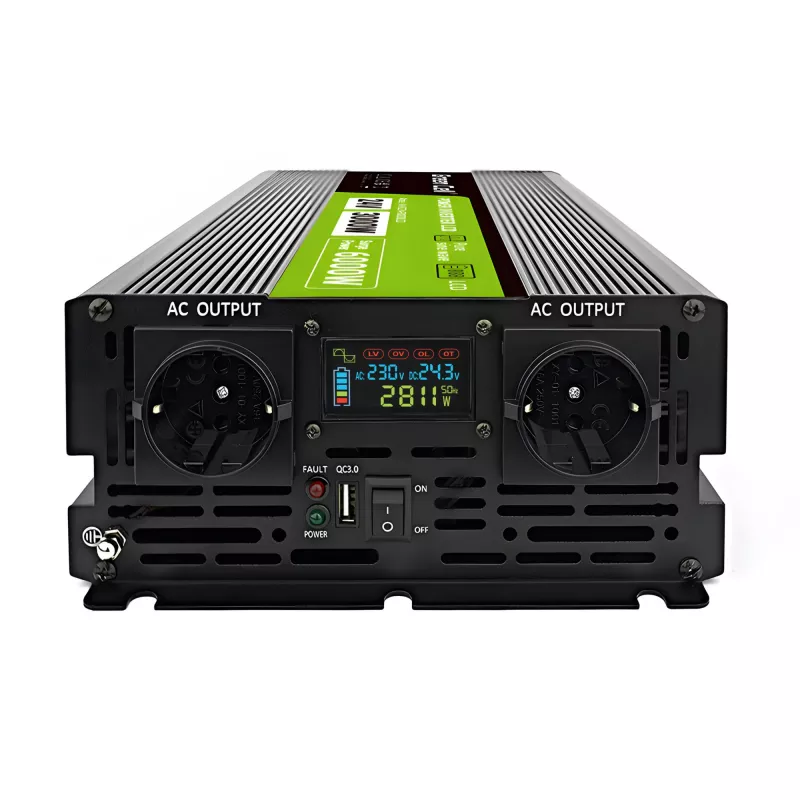 Automobilinis inverteris Green Cell INVGC24P3000LCD 24V 3000W grynoji sinusinė banga, 230V 50Hz, LCD, F tipas