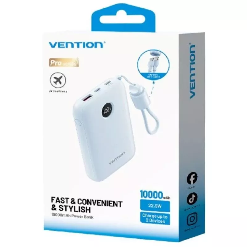 Išorinė baterija Vention 10000mAh 22.5W — 2× USB‑C, 1× USB‑A, mėlyna