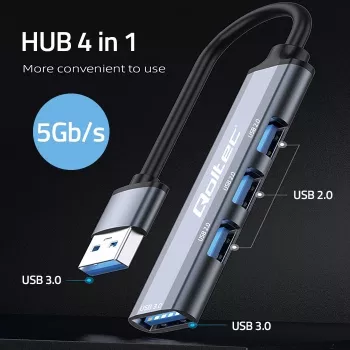 USB šakotuvas QOLTEC 53793 — USB 3.0 įvestis, 3× USB 2.0 prievadai