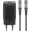 USB-C greitasis įkroviklis Nano, PD, GaN, 65 W, USB-C pintas laidas (juodas, 1x USB-A, 2x USB-C PD, greitasis įkrovimas 3.0, 1 metro laidas)