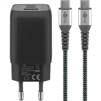 USB-C greitasis įkroviklis Nano, PD, GaN, 65 W, USB-C pintas laidas (juodas, 1x USB-A, 2x USB-C PD, greitasis įkrovimas 3.0, 1 metro laidas)