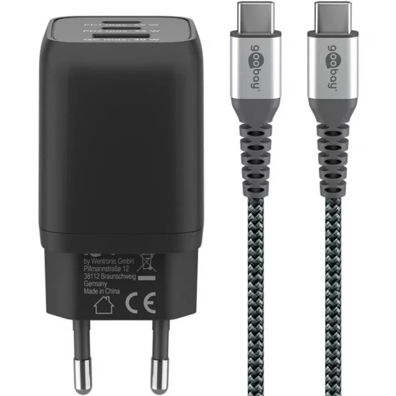 USB-C greitasis įkroviklis Nano, PD, GaN, 65 W, USB-C pintas laidas (juodas, 1x USB-A, 2x USB-C PD, greitasis įkrovimas 3.0, 1 metro laidas)