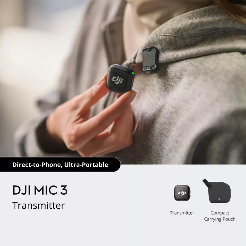Belaidis prie kūno segamas siųstuvas DJI MIC 3 — kompaktiškas nešiojamas mikrofonas-siųstuvas, juoda/pilka