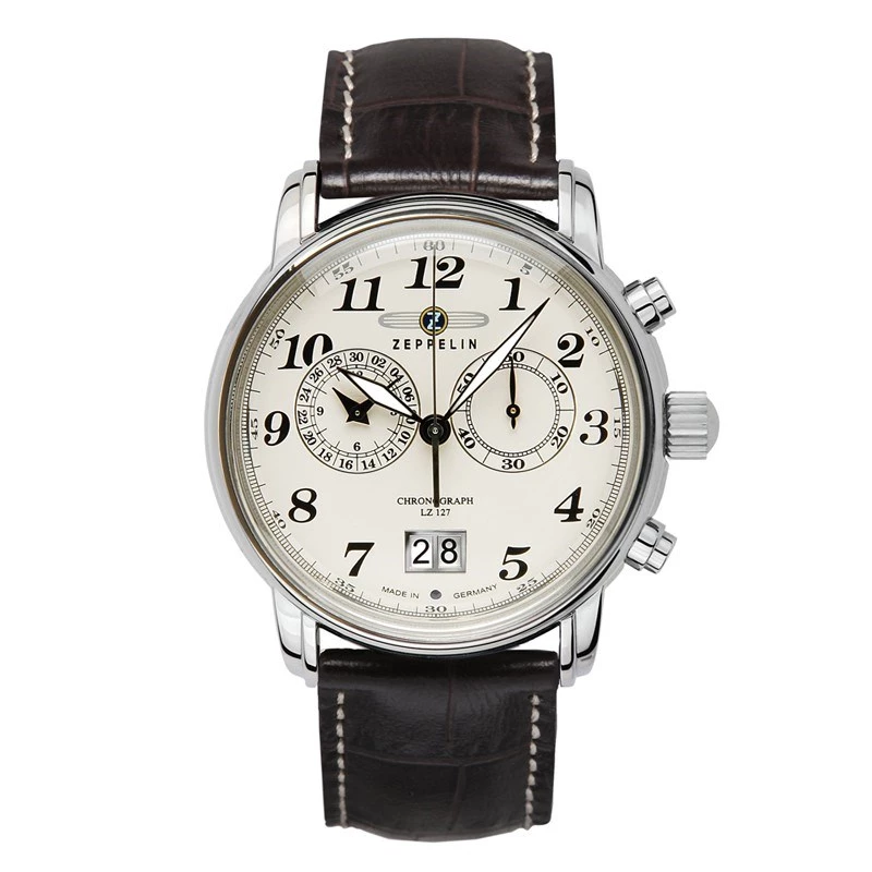 Rankinis laikrodis Zeppelin 7684-5 — vyriškas kvarcinis, nerūdijančio plieno korpusas, 40 mm skersmuo, 11 mm aukštis, sidabrinis