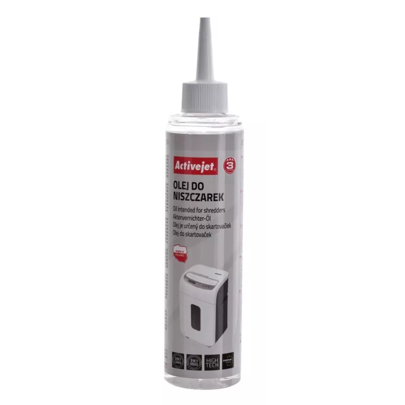 Smulkintuvų alyva ActiveJet ASO-250, priežiūros alyva biuro smulkintuvams, 250 ml buteliukas su aplikatoriumi