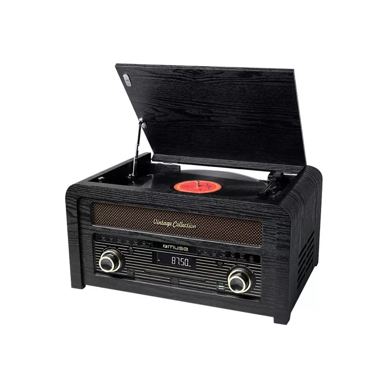Patefonas muse MT-115 W — juoda/auksinė, 33-45-78 RPM, J formos tonearas, sukamasis garsumas, 240 V kintamoji srovė