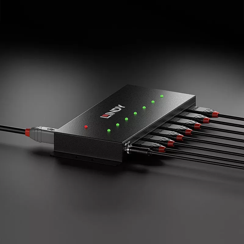Lindy 7 prievadų USB 3.0 metalinis šakotuvas, USB 3.2 Gen 1 (3.1 Gen 1) Type-A, 5000 Mbit/s, juodas, 0,8 m, 185 mm, 75 mm