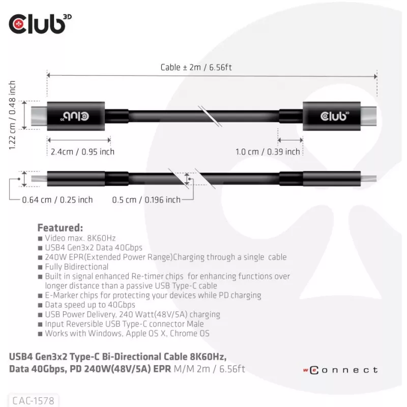 CLUB3D USB4 Gen3x2 Type-C dvikryptis kabelis 8K60Hz, Duomenys 40Gbps, PD 240W(48V/5A) EPR M/M 2m / 6.56ft