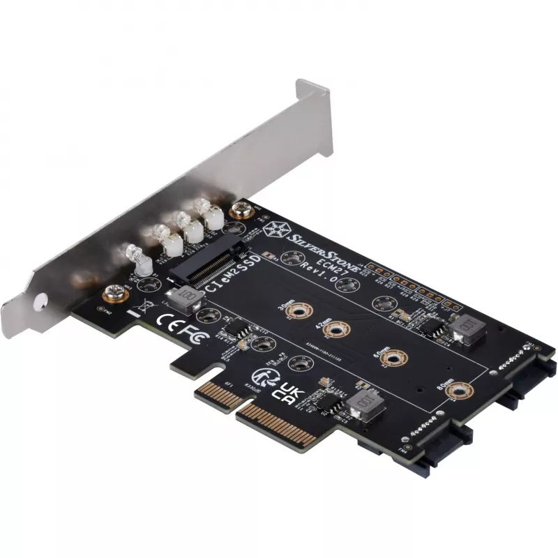 Silverstone SST-ECM27 M.2/SATA adapterio kortelė, PCIe 4.0, 1x M-Key, 2x SATA 6G - žemo profilio