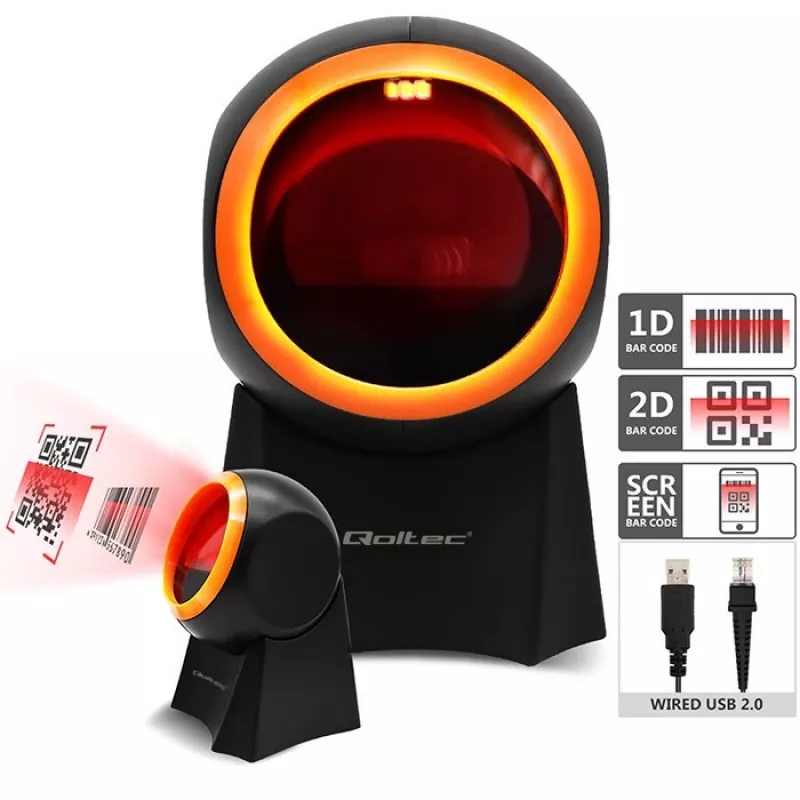 Laidinis stalinis brūkšninių kodų skaitytuvas QOLTEC 50857 — 1D/2D, USB, ABS korpusas, juodas, 1,75 m laidas