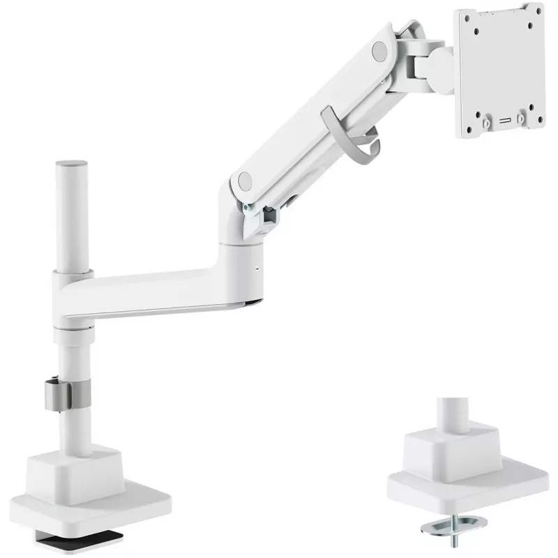 Monitoriaus laikiklis DIGITUS Single, spaustuvas, maks. 57 col., 27 kg talpa, VESA 75x75–100x100, baltas