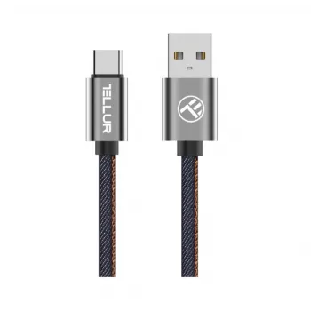 USB duomenų laidas Tellur USB į Type-C 1 m Denim, pintas 1 m laidas įkrovimui ir duomenų perdavimui