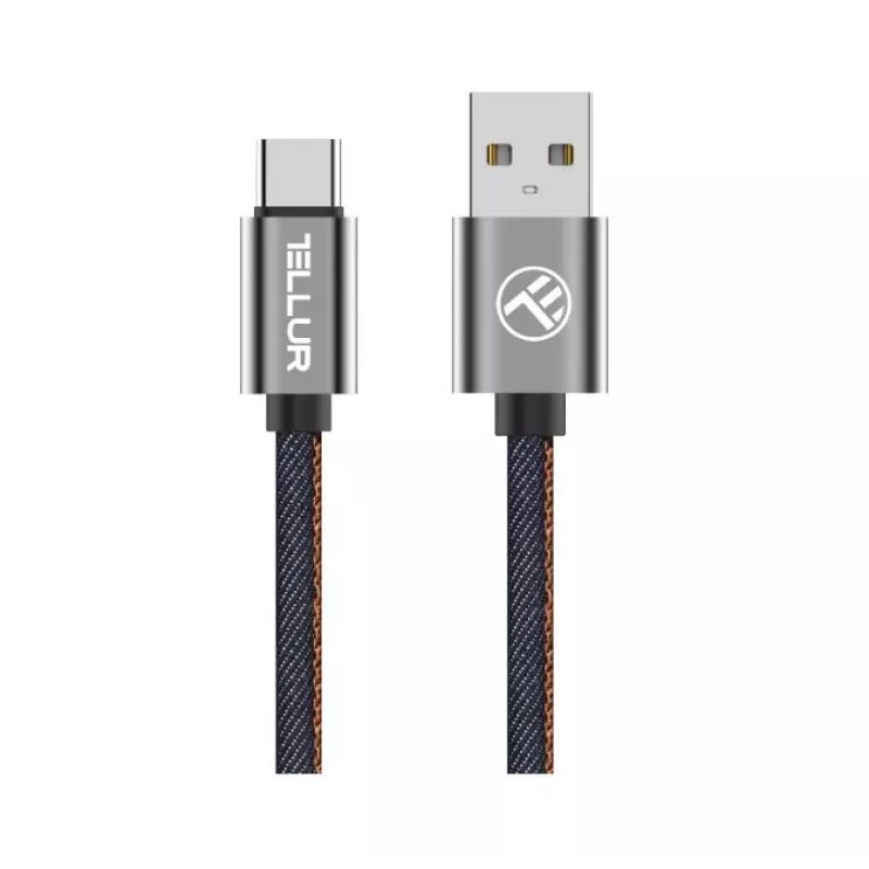 USB duomenų laidas Tellur USB į Type-C 1 m Denim, pintas 1 m laidas įkrovimui ir duomenų perdavimui