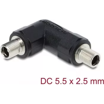 DC cilindrinės jungties adapteris DELOCK 5,5 x 2,5 mm, moteriškas-moteriškas su sriegine mova, 90° kampuotas, juodas