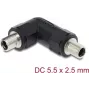 DC cilindrinės jungties adapteris DELOCK 5,5 x 2,5 mm, moteriškas-moteriškas su sriegine mova, 90° kampuotas, juodas