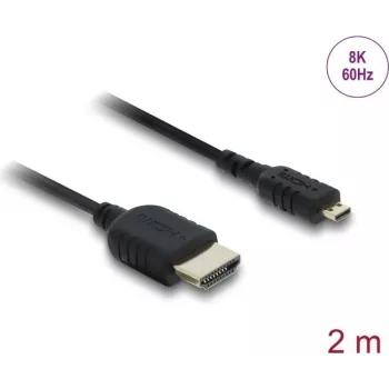 HDMI kabelis DELOCK 81691 — HDMI Type A į Micro HDMI Type D, 2 m, 48 Gbit/s, iki 7680×4320, paauksuoti kontaktai, juodas
