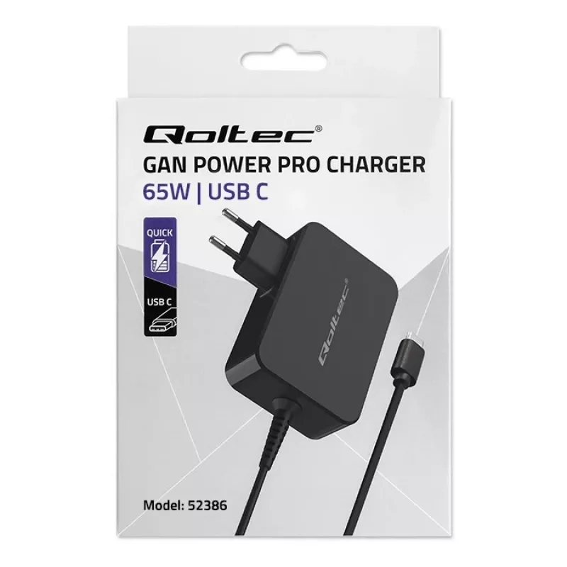 Qoltec 52386 GaN POWER PRO įkroviklis | 1xUSB-C | 65 W | 5–20 V | 3–3,25 A | juodas